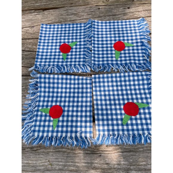 Vintage 1930s Blue Check Applique Fruit Napkins Set of 4 - Picture 2 of 10